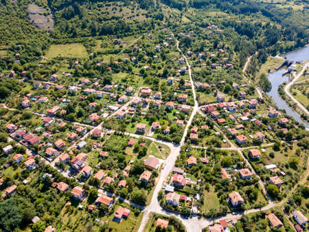 Aerial view of village of Tserovo , Balkan Mountains, Bulgariaの写真素材