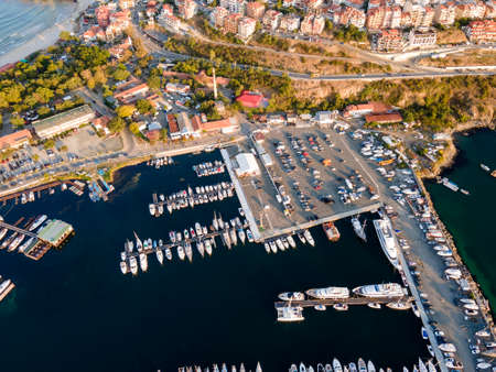 Aerial sunset view of old town and port of Sozopol, Burgas Region, Bulgariaの写真素材