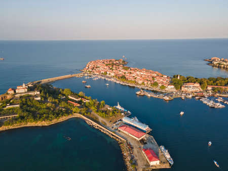 Aerial sunset view of old town and port of Sozopol, Burgas Region, Bulgaria