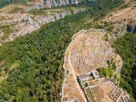 Aerial view of Ruins of medieval fortificated city of Cherven from period of Second Bulgarian Empire, Ruse region, Bulgariaの写真素材