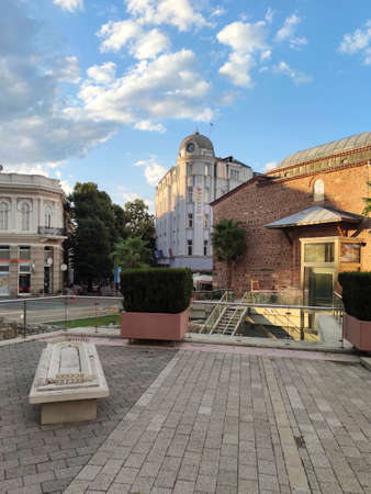 PLOVDIV, BULGARIA - AUGUST 6, 2021: Amazing Sunset view of Dzhumaya square in city of Plovdiv, Bulgariaのeditorial素材