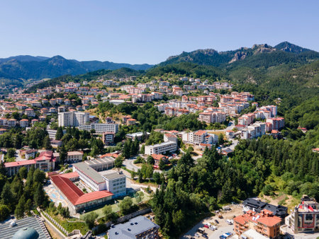 Amazing Aerial view of Center of the town of Smolyan, Bulgariaの写真素材