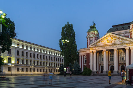 SOFIA, BULGARIA - JULY 30, 2021: Sunset view of National Theatre Ivan Vazov in Sofia, Bulgariaのeditorial素材