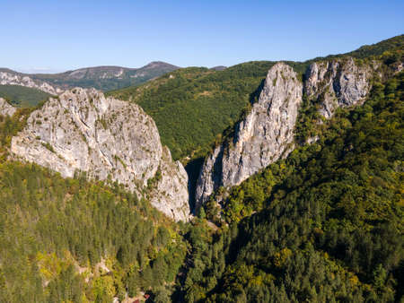 Aerial view of Erma River Gorge near town of Tran, Bulgariaの写真素材
