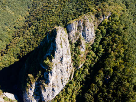 Aerial view of Erma River Gorge near town of Tran, Bulgariaの写真素材