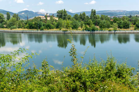 Panoramic view of Arda River, passing through the town of Kardzhali, Bulgariaの写真素材