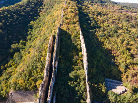 Aerial view of rock formations Ritlite at Iskar River Gorge, Balkan Mountains, Bulgariaの写真素材