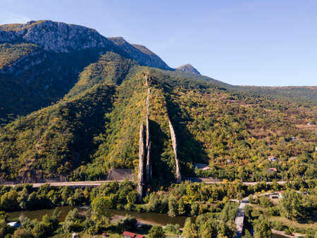 Aerial view of rock formations Ritlite at Iskar River Gorge, Balkan Mountains, Bulgariaの写真素材