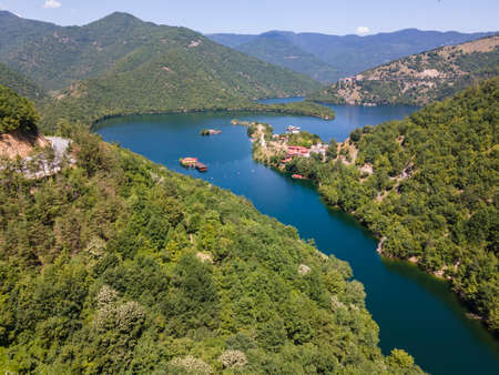 Aerial view of Vacha (Antonivanovtsi) Reservoir, Rhodope Mountains, Plovdiv Region, Bulgaria