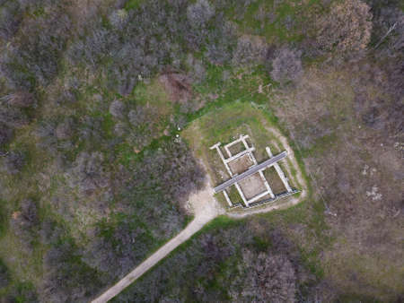 Aerial view of ancient Thracian Sanctuary of the Nymphs of Aphrodite near village of Kasnakovo, Haskovo Region, Bulgariaの写真素材