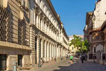 BUCHAREST, ROMANIA - AUGUST 16, 2021: Typical street and buiding at downtown (old town) of city of Bucharest, Romaniaのeditorial素材