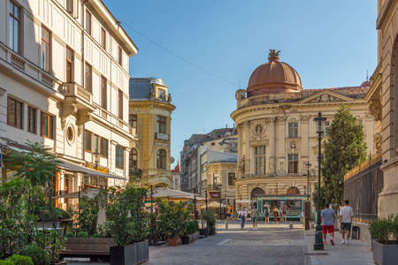 BUCHAREST, ROMANIA - AUGUST 16, 2021: Typical street and buiding at downtown (old town) of city of Bucharest, Romaniaのeditorial素材