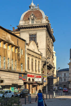 BUCHAREST, ROMANIA - AUGUST 16, 2021: Typical street and buiding at downtown (old town) of city of Bucharest, Romaniaのeditorial素材