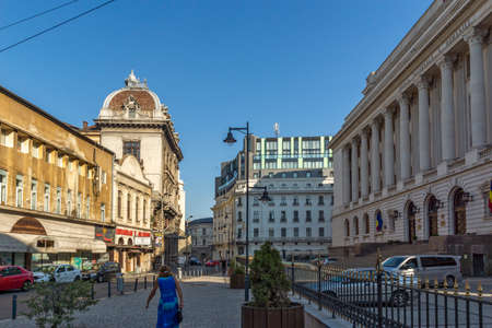 BUCHAREST, ROMANIA - AUGUST 16, 2021: Typical street and buiding at downtown (old town) of city of Bucharest, Romaniaのeditorial素材