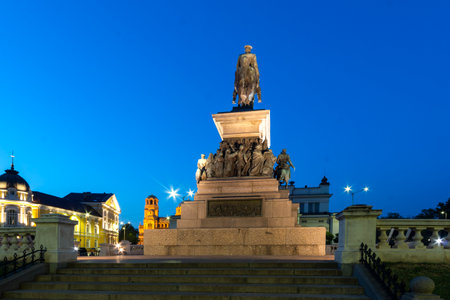 SOFIA, BULGARIA - AUGUST 1, 2021: Night view of The Monument of Tsar Liberator Alexander II of Russia and Parliament in city of Sofia, Bulgariaのeditorial素材