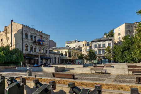 BUCHAREST, ROMANIA - AUGUST 16, 2021: Typical street and buiding at downtown (old town) of city of Bucharest, Romaniaのeditorial素材