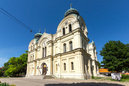 VIDIN, BULGARIA - MAY 23, 2021: Cathedral of the Saint Demetrius of Thessaloniki at the center of town of Vidin, Bulgariaのeditorial素材