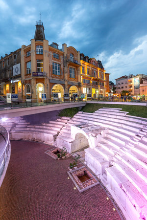 PLOVDIV, BULGARIA - AUGUST 25, 2021: Sunset view of Dzhumaya square in city of Plovdiv, Bulgariaのeditorial素材