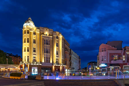 PLOVDIV, BULGARIA - AUGUST 25, 2021: Sunset view of Dzhumaya square in city of Plovdiv, Bulgariaのeditorial素材
