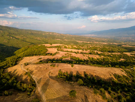 Aerial sunset view of Ograzhden Mountain, Blagoevgrad Region, Bulgaria