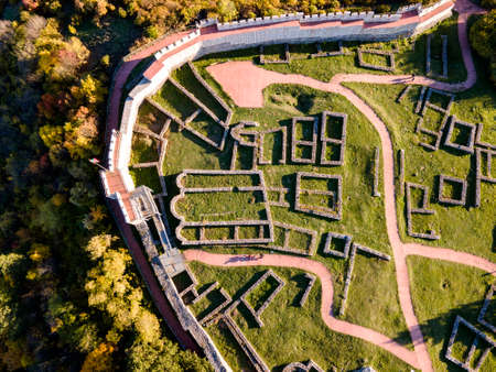 Aerial view of Ruins of the medieval Krakra fortress near town of Pernik, Bulgariaのeditorial素材