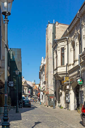 BUCHAREST, ROMANIA - AUGUST 17, 2021: Typical street and buiding at downtown (old town) of city of Bucharest, Romaniaのeditorial素材