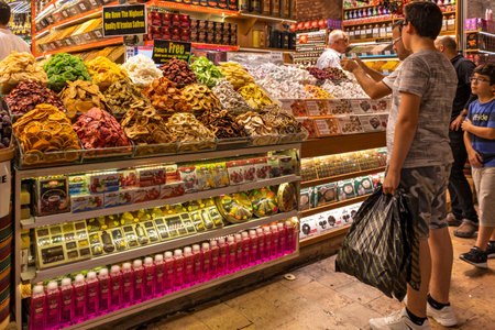 ISTANBUL, TURKEY - JULY 26, 2019: Inside view of Spice market know as Egyptian Bazaar in city of Istanbul, Turkeyのeditorial素材
