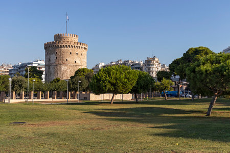 THESSALONIKI, GREECE - SEPTEMBER 22, 2019: Ancient White Tower in city of Thessaloniki, Central Macedonia, Greeceのeditorial素材