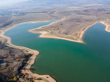 Amazing Aerial view of Drenov Dol reservoir, Kyustendil region, Bulgariaの写真素材