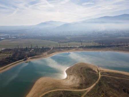 Amazing Aerial view of Drenov Dol reservoir, Kyustendil region, Bulgariaの写真素材