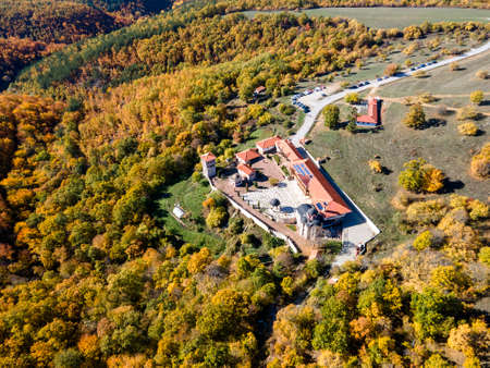 Aerial view of Medieval Tsarnogorski (Gigintsi) monastery St. Kozma and Damyan, Pernik Region,...