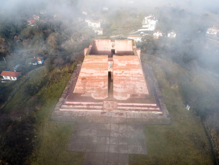 Aerial view of Pantheon Mother Bulgaria, dedicated to the fallen soldiers of the Serbo-Bulgarian War of 1885, Gurgulyat village, Bulgariaの写真素材