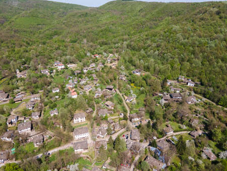 Aerial Spring view of village of Bozhentsi, Gabrovo region, Bulgariaの写真素材