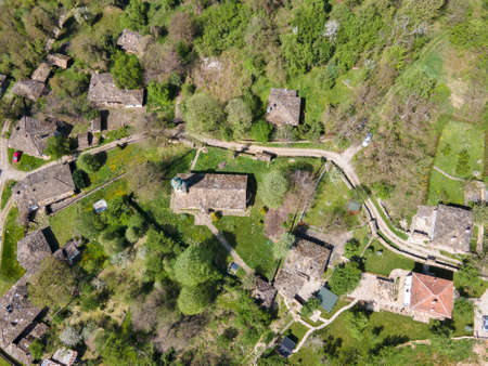 Aerial Spring view of village of Bozhentsi, Gabrovo region, Bulgariaの写真素材