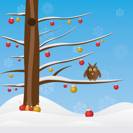 Winter background with snow covered tree and Christmas toy - Vector illustrationのイラスト素材