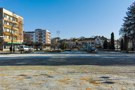 BERKOVITSA, BULGARIA - NOVEMBER 21, 2021: Typical building and street at the center of town of Berkovitsa, Montana region, Bulgariaのeditorial素材