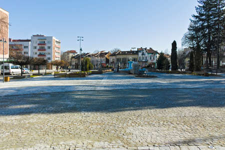 BERKOVITSA, BULGARIA - NOVEMBER 21, 2021: Typical building and street at the center of town of Berkovitsa, Montana region, Bulgariaのeditorial素材