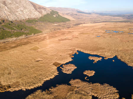 Aerial Autumn view of Dragoman marsh, Sofia region, Bulgariaの写真素材