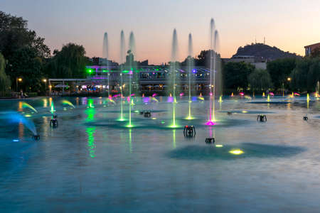 PLOVDIV, BULGARIA - AUGUST 9, 2021: Sunset view of Singing Fountains at Tsar Simeon Garden in City of Plovdiv, Bulgariaのeditorial素材