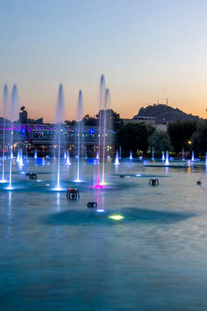 PLOVDIV, BULGARIA - AUGUST 9, 2021: Sunset view of Singing Fountains at Tsar Simeon Garden in City of Plovdiv, Bulgariaのeditorial素材