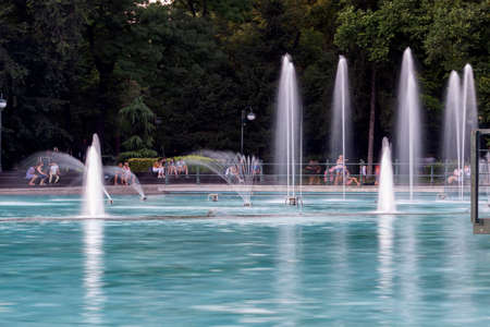 PLOVDIV, BULGARIA - AUGUST 9, 2021: Sunset view of Singing Fountains at Tsar Simeon Garden in City of Plovdiv, Bulgariaのeditorial素材