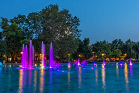 PLOVDIV, BULGARIA - AUGUST 9, 2021: Sunset view of Singing Fountains at Tsar Simeon Garden in City of Plovdiv, Bulgariaのeditorial素材