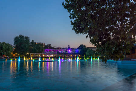 PLOVDIV, BULGARIA - AUGUST 9, 2021: Sunset view of Singing Fountains at Tsar Simeon Garden in City of Plovdiv, Bulgariaのeditorial素材