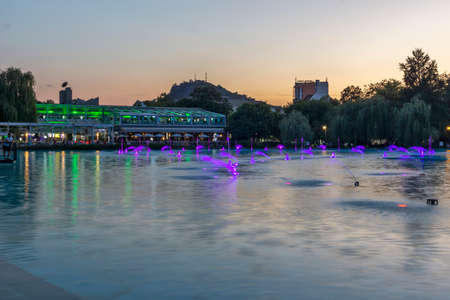 PLOVDIV, BULGARIA - AUGUST 9, 2021: Sunset view of Singing Fountains at Tsar Simeon Garden in City of Plovdiv, Bulgariaのeditorial素材