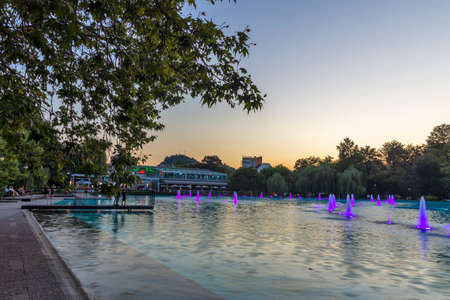 PLOVDIV, BULGARIA - AUGUST 9, 2021: Sunset view of Singing Fountains at Tsar Simeon Garden in City of Plovdiv, Bulgariaのeditorial素材