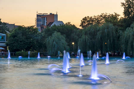 PLOVDIV, BULGARIA - AUGUST 9, 2021: Sunset view of Singing Fountains at Tsar Simeon Garden in City of Plovdiv, Bulgariaのeditorial素材