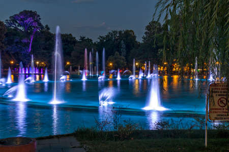 PLOVDIV, BULGARIA - AUGUST 9, 2021: Sunset view of Singing Fountains at Tsar Simeon Garden in City of Plovdiv, Bulgariaのeditorial素材