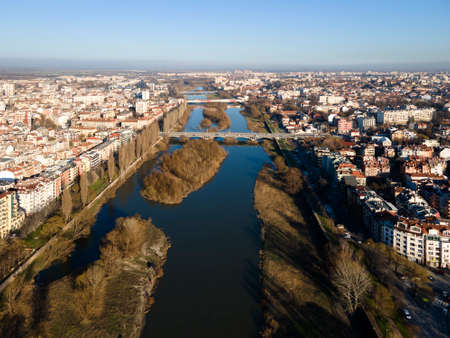 Amazing Aerial view of Maritsa river and panorama to City of Plovdiv, Bulgaria