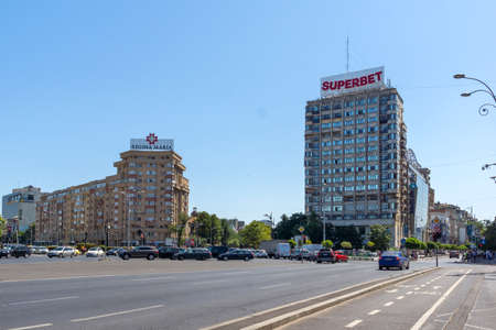 BUCHAREST, ROMANIA - AUGUST 17, 2021: Typical street and building at the center of city of...