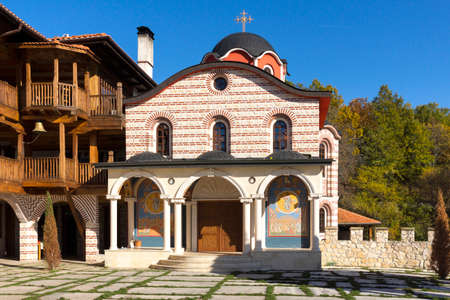 Autumn view of Medieval Tsarnogorski (Gigintsi) monastery St. Kozma and Damyan, Pernik Region, Bulgariaの写真素材